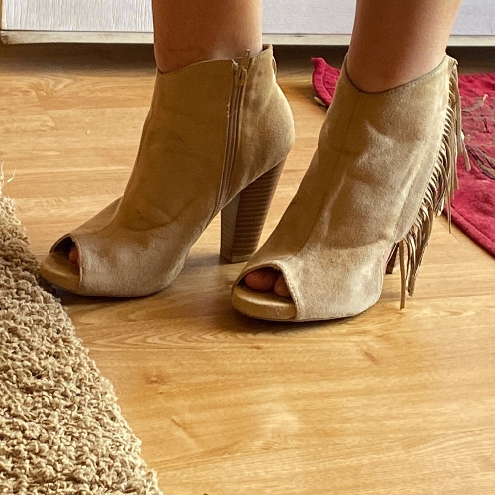 Qupid Tan Heels with zip up the back and fringes